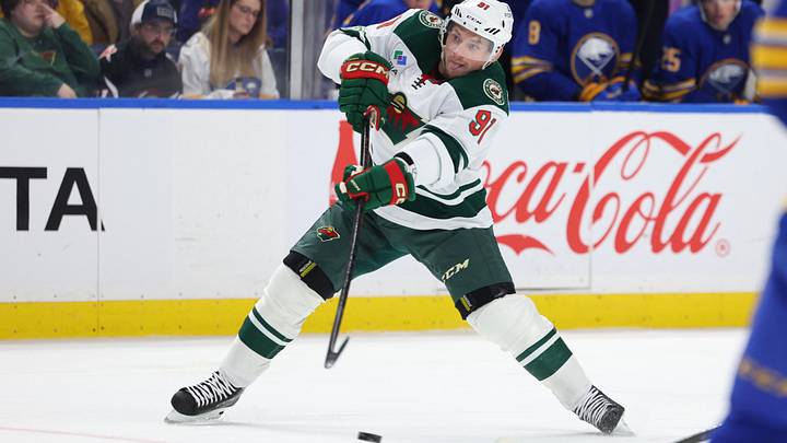 Jan 17, 2026; Buffalo, New York, USA;  Minnesota Wild right wing Vladimir Tarasenko (91) takes a shot on goal during the first period against the Buffalo Sabres at KeyBank Center. Mandatory Credit: Timothy T. Ludwig-Imagn Images