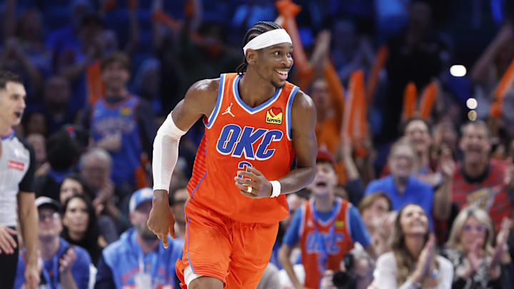 Nov 11, 2024; Oklahoma City, Oklahoma, USA; Oklahoma City Thunder guard Shai Gilgeous-Alexander (2) smiles after scoring against the Los Angeles Clippers during the fourth quarter at Paycom Center. Mandatory Credit: Alonzo Adams-Imagn Images