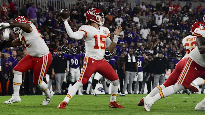 Sep 19, 2021; Baltimore, Maryland, USA;  Kansas City Chiefs quarterback Patrick Mahomes (15) throws