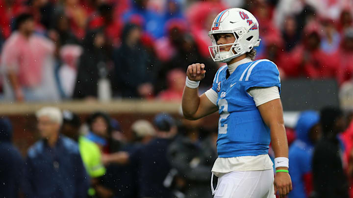 Nov 9, 2024; Oxford, Mississippi, USA; Mississippi Rebels quarterback Jaxson Dart (2) looks on during warm ups  prior to the game against the Georgia Bulldogs at Vaught-Hemingway Stadium. Mandatory Credit: Petre Thomas-Imagn Images