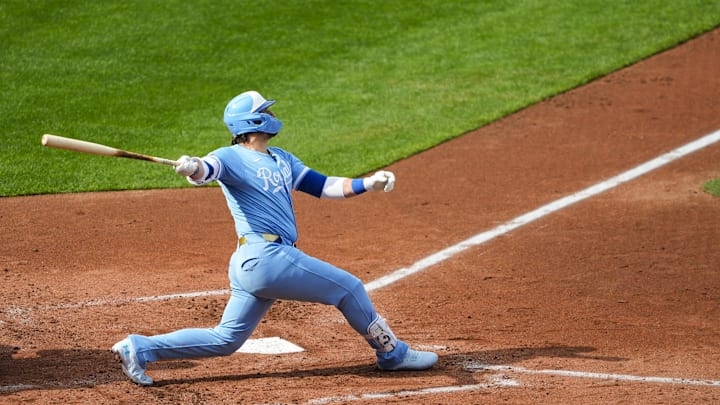 Mar 27, 2025; Kansas City, Missouri, USA; Kansas City Royals first baseman Vinnie Pasquantino (9) hit a home run during the third inning against the Cleveland Guardians at Kauffman Stadium. Mandatory Credit: Jay Biggerstaff-Imagn Images