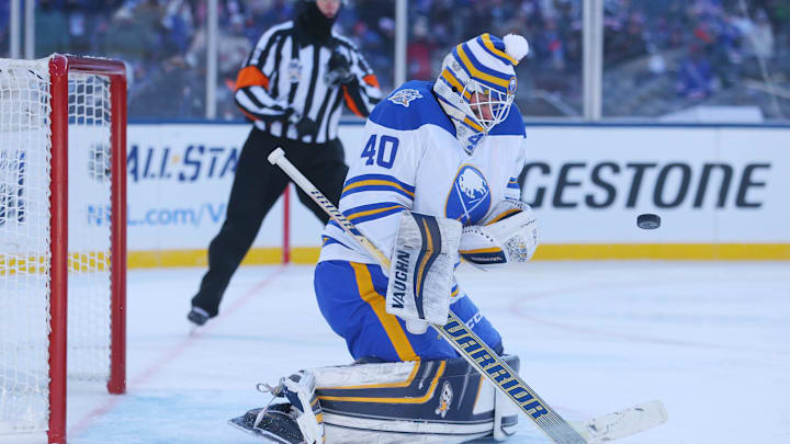 Jan 1, 2018; Queens, NY, USA; Buffalo Sabres goaltender Robin Lehner (40) makes a save against the New York Rangers during the second period in the 2018 Winter Classic hockey game at Citi Field. Mandatory Credit: Brad Penner-Imagn Images