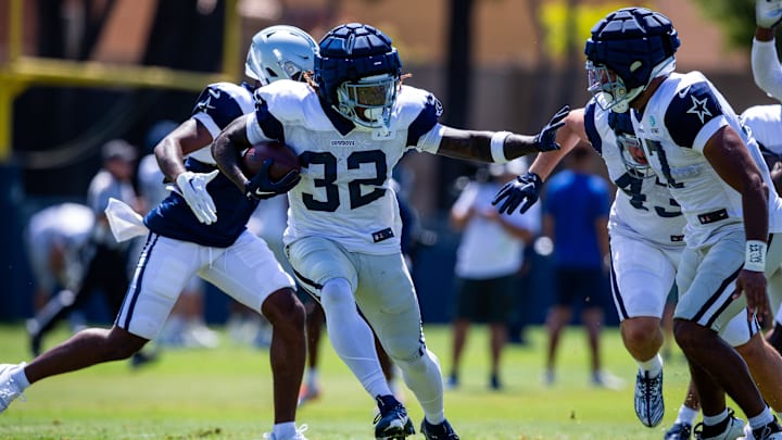 Aug 1, 2023; Oxnard, CA, USA; Dallas Cowboys running back Ronald Jones (32) during training camp at