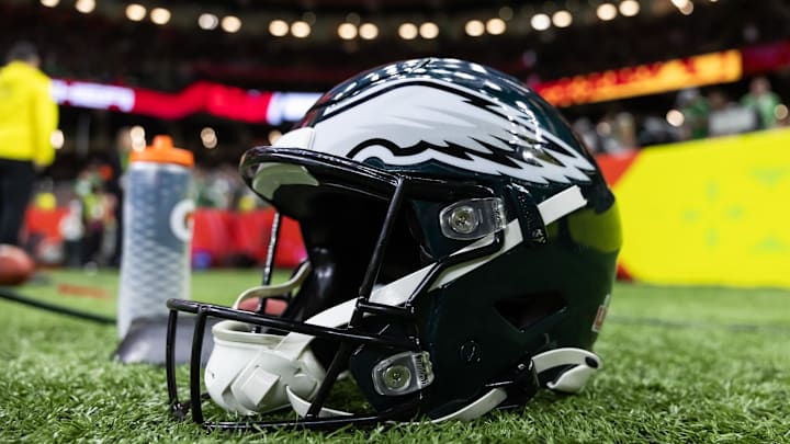 Feb 9, 2025; New Orleans, LA, USA; Detailed view of a Philadelphia Eagles helmet during Super Bowl LIX at Ceasars Superdome. Mandatory Credit: Mark J. Rebilas-Imagn Images