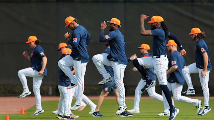 Feb 14, 2025; West Palm Beach, FL, USA; Houston Astros relief pitcher Bryan Abreu (52), starting pitcher Ronel Blanco (56) and pitcher Miguel Castro (51) workout during spring training at CACTI Park of the Palm Beaches. Feb 14, 2025; West Palm Beach, FL, USA; Houston Astros relief pitcher Bryan Abreu (52), starting pitcher Ronel Blanco (56) and pitcher Miguel Castro (51) workout during spring training at CACTI Park of the Palm Beaches.