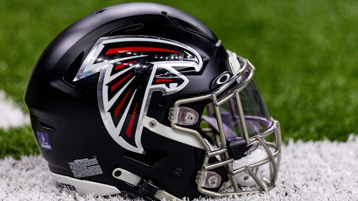 Dec 18, 2022; New Orleans, Louisiana, USA;  General view of a Atlanta Falcons helmet during warm ups against the New Orleans Saints at Caesars Superdome. Mandatory Credit: Stephen Lew-Imagn Images