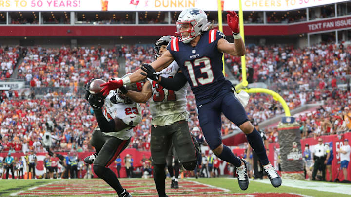 Nov 9, 2025; Tampa, Florida, USA; Tampa Bay Buccaneers safety Tykee Smith (23) intercepts a pass intended for New England Pat