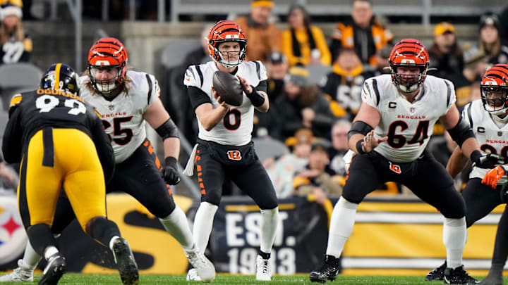 Cincinnati Bengals quarterback Jake Browning (6) takes a snap in the first quarter as the offensive line blocks during a Week 16 NFL football game between the Cincinnati Bengals and the Pittsburgh Steelersl, Saturday, Dec. 23, 2023, at Acrisure Stadium in Pittsburgh, Pa.