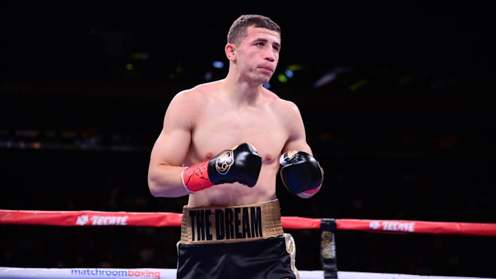 Israil Madrimov (black trunks) and Alejandro Barrera (white trunks) box during their WBA Inter-Continental super welterweight title bout at Madison Square Garden. Madrimov won via fifth-round TKO. 