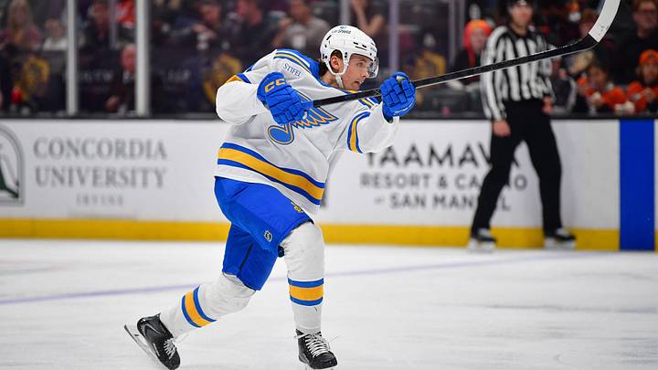Apr 3, 2026; Anaheim, California, USA; St. Louis Blues defenseman Theo Lindstein (41) shoots on goal against the Anaheim Ducks during the third period at Honda Center. Mandatory Credit: Gary A. Vasquez-Imagn Images