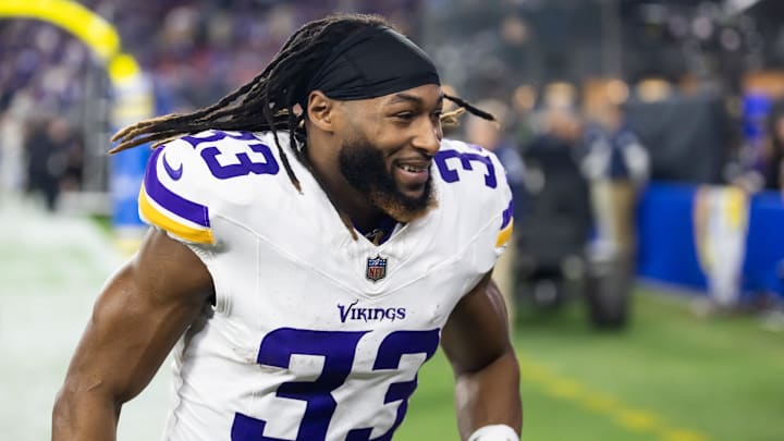 Minnesota Vikings running back Aaron Jones against the Los Angeles Rams during an NFC wild-card game at State Farm Stadium in Glendale, Ariz., on Jan. 13, 2025. Minnesota Vikings running back Aaron Jones against the Los Angeles Rams during an NFC wild-card game at State Farm Stadium in Glendale, Ariz., on Jan. 13, 2025.