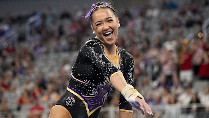 Aleah Finnegan performs on floor exercise during the 2024 NCAA Women's National Gymnastics Semifinals at Dickies Arena.