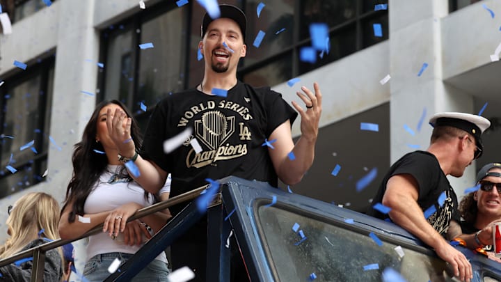 Los Angeles Dodgers pitcher Blake Snell acknowledges the crowd during the World Series championship parade at downtown Los Angeles.