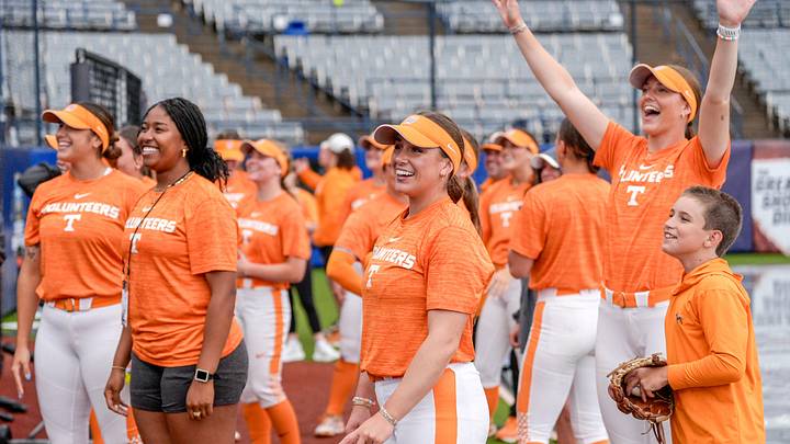 Rain falls and the infield is covered while the Tennesse softball team is supposed to practices at Devon Park ahead of the Women’s College World Series in Oklahoma City, on Wednesday, May 27, 2026.