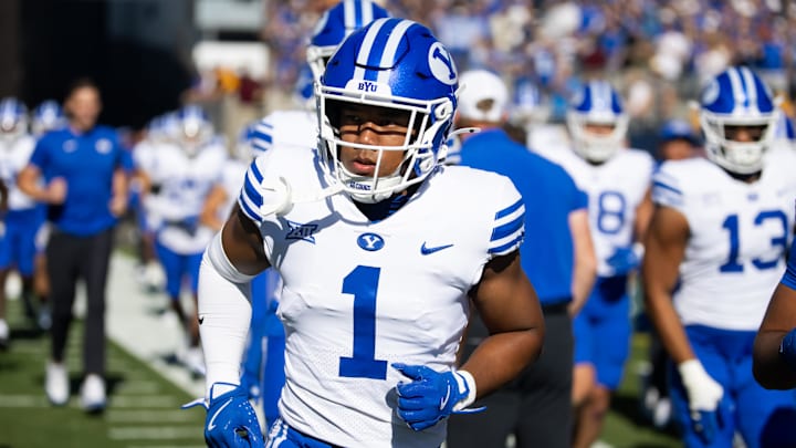 Nov 23, 2024; Tempe, Arizona, USA; Brigham Young Cougars safety Micah Harper (1) against the Arizona State Sun Devils at Mountain America Stadium. Mandatory Credit: Mark J. Rebilas-Imagn Images