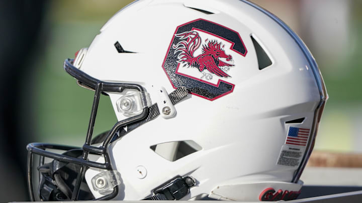 Nov 13, 2021; Columbia, Missouri, USA; A general view of a South Carolina Gamecocks helmet against the Missouri Tigers during the first half at Faurot Field at Memorial Stadium. Mandatory Credit: Denny Medley-Imagn Images