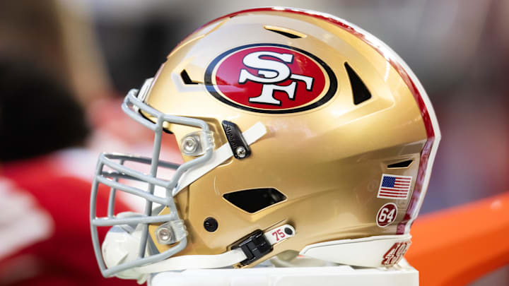 Dec 17, 2023; Glendale, Arizona, USA; Detailed view of a San Francisco 49ers helmet at State Farm Stadium. Mandatory Credit: Mark J. Rebilas-USA TODAY Sports