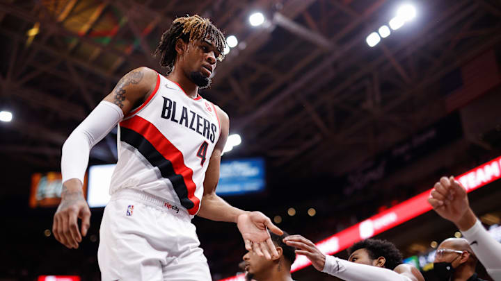 Mar 9, 2022; Salt Lake City, Utah, USA; Portland Trail Blazers forward Greg Brown III (4) comes off