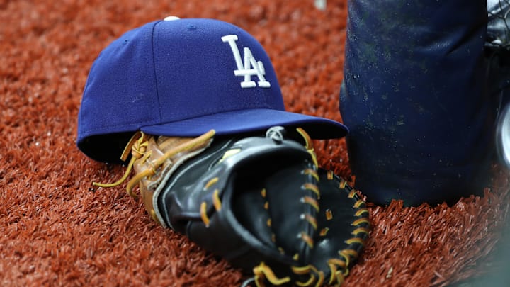 A detail view of Los Angeles Dodgers hat and glove at Tropicana Field. 