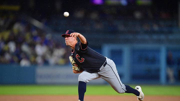 Mar 31, 2026: Cleveland Guardians pitcher Kolby Allard (49) throws against the Los Angeles Dodgers during the fifth inning at Dodger Stadium. 