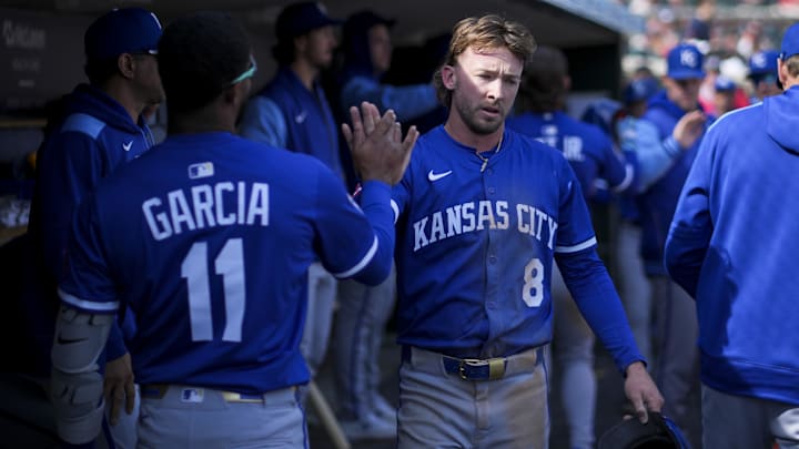 Apr 20, 2025; Detroit, Michigan, USA; Kansas City Royals outfielder Drew Waters (8) celebrates after he scores a run against the Detroit Tigers in the 10th inning at Comerica Park. Mandatory Credit: Aaron Doster-Imagn Images