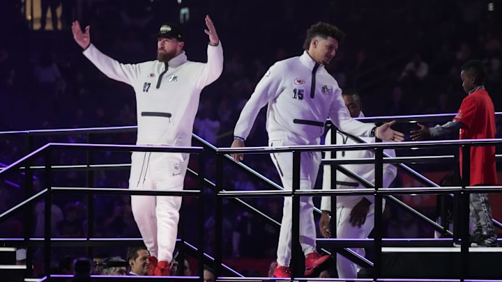 Travis Kelce and Patrick Mahomes of the Kansas City Chiefs arrive at Super Bowl Opening Night. 