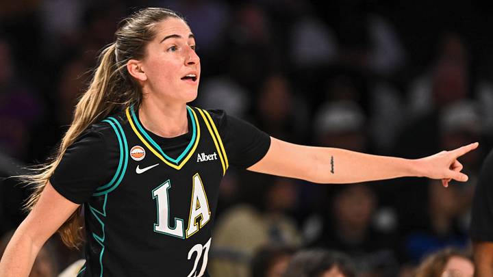 Jul 10, 2026; Los Angeles, California, USA; Los Angeles Sparks guard Kate Martin (21) reacts against the Chicago Sky during the first half at Crypto.com Arena. Mandatory Credit: Jonathan Hui-Imagn Images