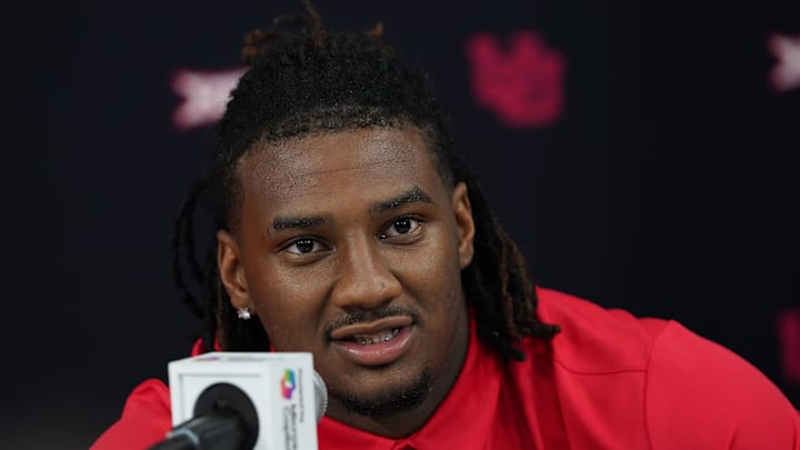 Jul 9, 2025; Frisco, TX, USA; Utah quarterback Devon Dampier speaks with the media during 2025 Big 12 Football Media Days at The Star. Jul 9, 2025; Frisco, TX, USA; Utah quarterback Devon Dampier speaks with the media during 2025 Big 12 Football Media Days at The Star.
