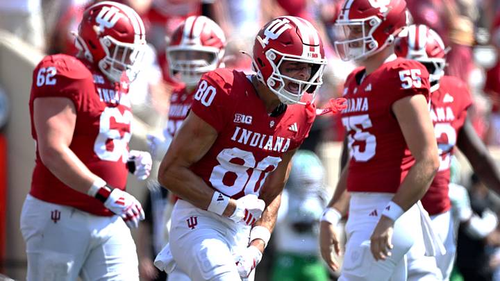 Sep 5, 2026; Bloomington, Indiana, USA; Indiana Hoosiers wide receiver Charlie Becker (80) reacts after catching a touchdown pass against the North Texas Mean Green during the third quarter at Merchants Bank Field at Memorial Stadium. Mandatory Credit: Robert Goddin-Imagn Images Sep 5, 2026; Bloomington, Indiana, USA; Indiana Hoosiers wide receiver Charlie Becker (80) reacts after catching a touchdown pass against the North Texas Mean Green during the third quarter at Merchants Bank Field at Memorial Stadium. Mandatory Credit: Robert Goddin-Imagn Images