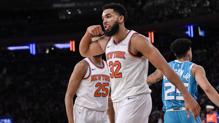 Dec 5, 2024; New York, New York, USA; New York Knicks center Karl-Anthony Towns (32) reacts during the second  half against the Charlotte Hornets at Madison Square Garden. Mandatory Credit: John Jones-Imagn Images