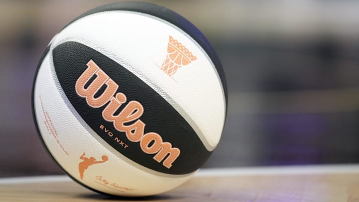 Jun 1, 2025; San Francisco, California, USA; The game ball with the WNBA commissioner's cup logo sits on the court during the second quarter of the game between the Golden State Valkyries and the Minnesota Lynx at Chase Center. Mandatory Credit: Darren Yamashita-Imagn Images Jun 1, 2025; San Francisco, California, USA; The game ball with the WNBA commissioner's cup logo sits on the court during the second quarter of the game between the Golden State Valkyries and the Minnesota Lynx at Chase Center. Mandatory Credit: Darren Yamashita-Imagn Images
