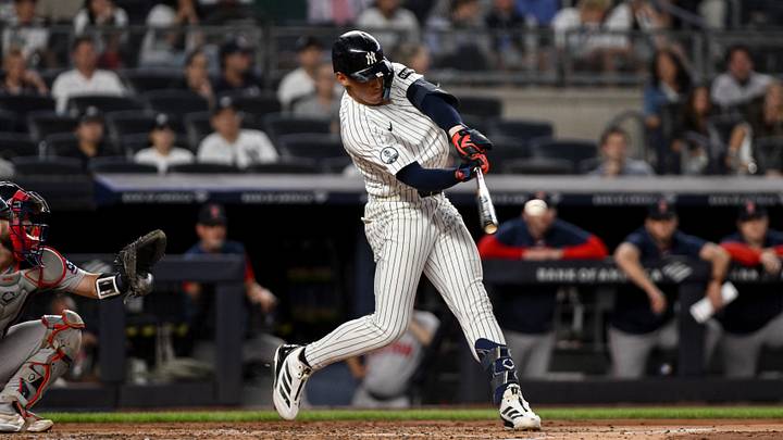 Aug 29, 2026; Bronx, New York, USA; New York Yankees shortstop George Lombard Jr. (96) hits a single against the Boston Red Sox during the second inning at Yankee Stadium. Mandatory Credit: John Jones-Imagn Images Aug 29, 2026; Bronx, New York, USA; New York Yankees shortstop George Lombard Jr. (96) hits a single against the Boston Red Sox during the second inning at Yankee Stadium. Mandatory Credit: John Jones-Imagn Images