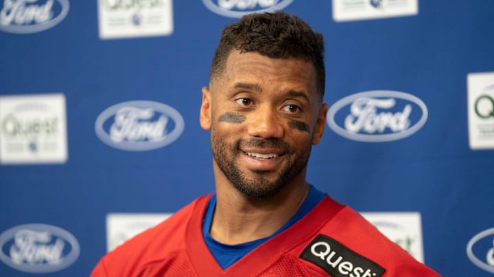 New York Giants quarterback Russell Wilson (3) speaks during a press conference during day one of the New York Giants training camp at Quest Diagnostics Giants Training Center in East Rutherford on Wednesday, July 23, 2025.