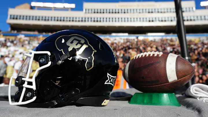 Aug 29, 2024; Boulder, Colorado, USA; Detailed view of the helmet worn by Colorado Buffaloes quarterback Shedeur Sanders (2) (not pictured) before the game against the North Dakota State Bison at Folsom Field.