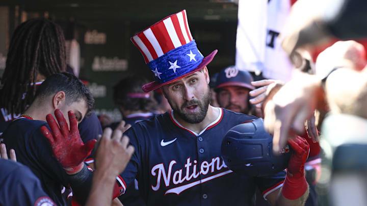 Sep 21, 2024; Chicago, Illinois, USA; Washington Nationals first baseman Joey Gallo (24) celebrates in the dugout after he hits a three run home run against the Chicago Cubs during the sixth inning at Wrigley Field. Sep 21, 2024; Chicago, Illinois, USA; Washington Nationals first baseman Joey Gallo (24) celebrates in the dugout after he hits a three run home run against the Chicago Cubs during the sixth inning at Wrigley Field.