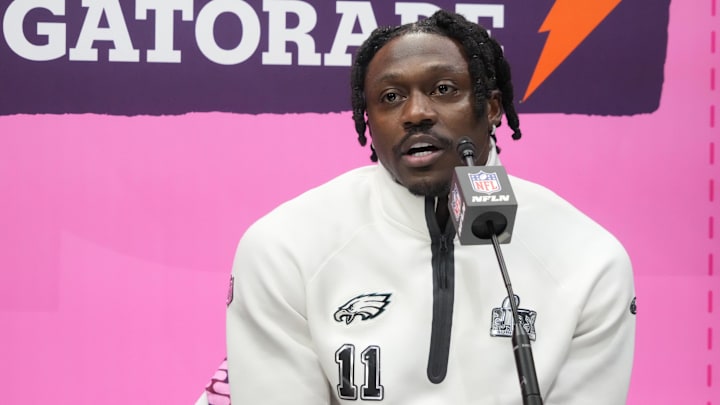 Feb 3, 2025; New Orleans, LA, USA;  Philadelphia Eagles wide receiver A.J. Brown (11) during Super Bowl LIX Opening Night at Ceasars Superdome.