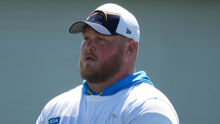 May 20, 2025; El Segundo, CA, USA; Los Angeles Chargers center Bradley Bozeman (75) looks on during offseason workouts at The Bolt. Mandatory Credit: Kirby Lee-Imagn Images