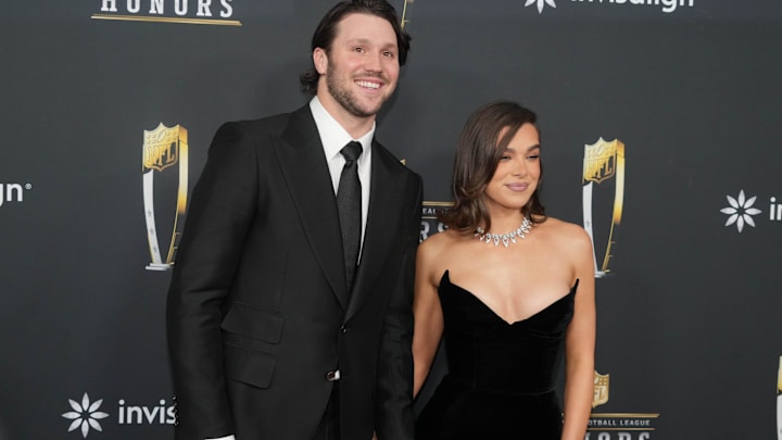 Josh Allen and Hailee Steinfeld on the red carpet before Super Bowl LIX NFL Honors at Saenger Theatre.