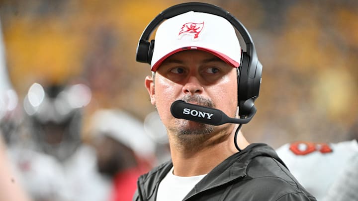 Aug 16, 2025; Pittsburgh, Pennsylvania, USA; Tampa Bay Buccaneers offensive coordinator Josh Grizzard Mandatory Credit: Barry Reeger-Imagn Images