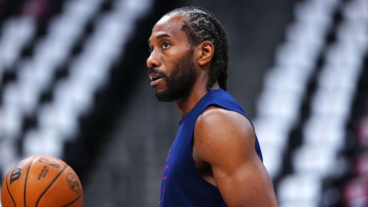 May 3, 2025; Denver, Colorado, USA; LA Clippers forward Kawhi Leonard (2) warms up before the game against the Denver Nuggets during game seven of first round for the 2025 NBA Playoffs at Ball Arena.