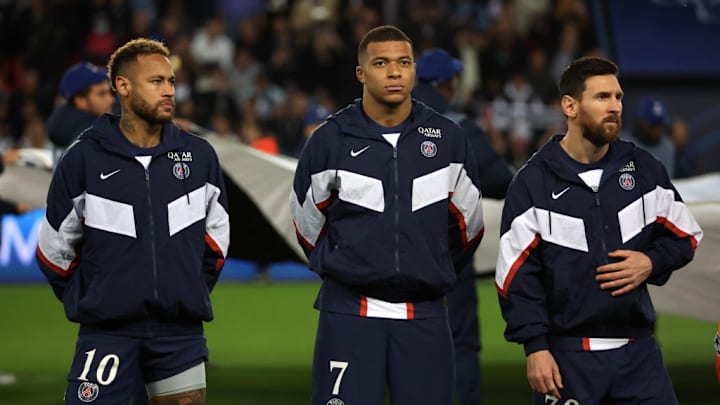 Neymar (left), Kylian Mbappé (center) and Lionel Messi shared the pitch at PSG.