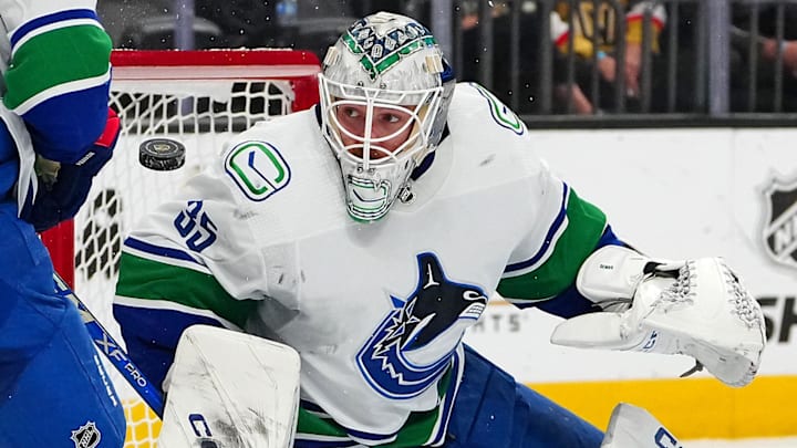 Mar 7, 2024; Las Vegas, Nevada, USA; Vancouver Canucks goaltender Thatcher Demko (35) makes a save