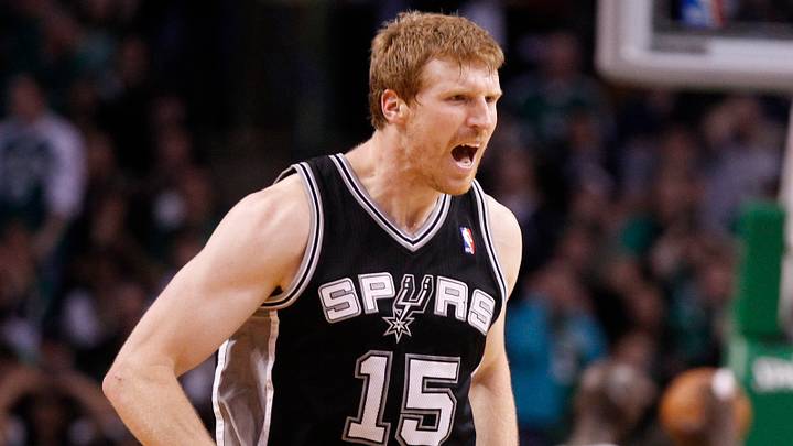 Apr 4, 2012; Boston, MA USA; San Antonio Spurs power forward Matt Bonner (15) reacts after scoring in the last seconds of play against the Boston Celtics at the TD Banknorth Garden. The San Antonio Spurs defeated the Boston Celtics 87-86. Mandatory Credit: David Butler II-USA TODAY Sports