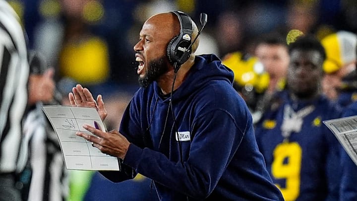 Michigan defensive backs coach LaMar Morgan reacts to a play against Oregon during the second half at Michigan Stadium in Ann Arbor on Saturday, Nov. 2, 2024. Michigan defensive backs coach LaMar Morgan reacts to a play against Oregon during the second half at Michigan Stadium in Ann Arbor on Saturday, Nov. 2, 2024.