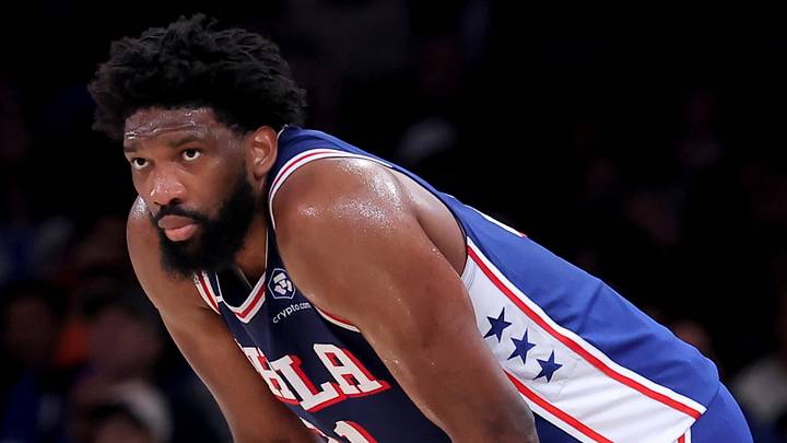 Philadelphia 76ers center Joel Embiid (21) reacts during the first quarter of game one of the eastern conference semifinal round of the 2026 NBA Playoffs against the New York Knicks at Madison Square Garden on May 4, 2026.