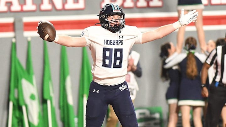 Hoggard's #88 Charlie Kilbourne scores as Hoggard took on Weddington High School in the 4A Football Championship at Carter-Finley Stadium in Raleigh Saturday Dec. 9, 2023. Weddington beat Hoggard 56 -21 to win the State Championship. KEN BLEVINS/STARNEWS Hoggard's #88 Charlie Kilbourne scores as Hoggard took on Weddington High School in the 4A Football Championship at Carter-Finley Stadium in Raleigh Saturday Dec. 9, 2023. Weddington beat Hoggard 56 -21 to win the State Championship. KEN BLEVINS/STARNEWS