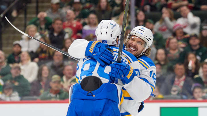 Mar 1, 2026; Saint Paul, Minnesota, USA; St. Louis Blues left wing Pavel Buchnevich (89) celebrates with center Robert Thomas (18) after scoring on the Minnesota Wild in the third period at Grand Casino Arena. Mandatory Credit: Matt Blewett-Imagn Images Mar 1, 2026; Saint Paul, Minnesota, USA; St. Louis Blues left wing Pavel Buchnevich (89) celebrates with center Robert Thomas (18) after scoring on the Minnesota Wild in the third period at Grand Casino Arena. Mandatory Credit: Matt Blewett-Imagn Images