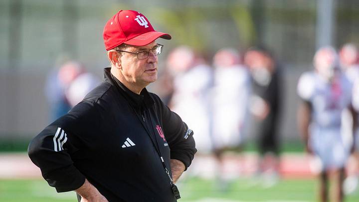 Indiana Head Coach Curt Cignetti watches the quarterbacks during spring practice at Memorial Stadium on Tuesday, March 31, 2026. Indiana Head Coach Curt Cignetti watches the quarterbacks during spring practice at Memorial Stadium on Tuesday, March 31, 2026.