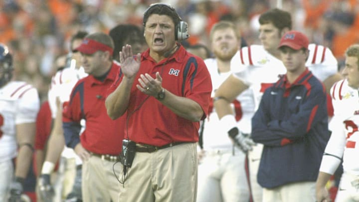 Oct 27, 2007; Auburn, AL,  USA; Ole Miss Rebels coach Ed Orgeron reacts to a play against the Auburn Tigers at Jordan Hare Stadium in Auburn.  The Tigers beat the Rebels 17-3.   Mandatory Credit:  John Reed-Imagn Images