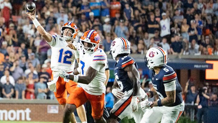 Florida Gators quarterback Aaron Philo (12) throws the ball as Auburn Tigers take on Florida Gators at Jordan-Hare Stadium in Auburn, Ala. on Saturday, Sept. 19, 2026. Florida Gators lead Auburn Tigers 20-17 at halftime. Florida Gators quarterback Aaron Philo (12) throws the ball as Auburn Tigers take on Florida Gators at Jordan-Hare Stadium in Auburn, Ala. on Saturday, Sept. 19, 2026. Florida Gators lead Auburn Tigers 20-17 at halftime.